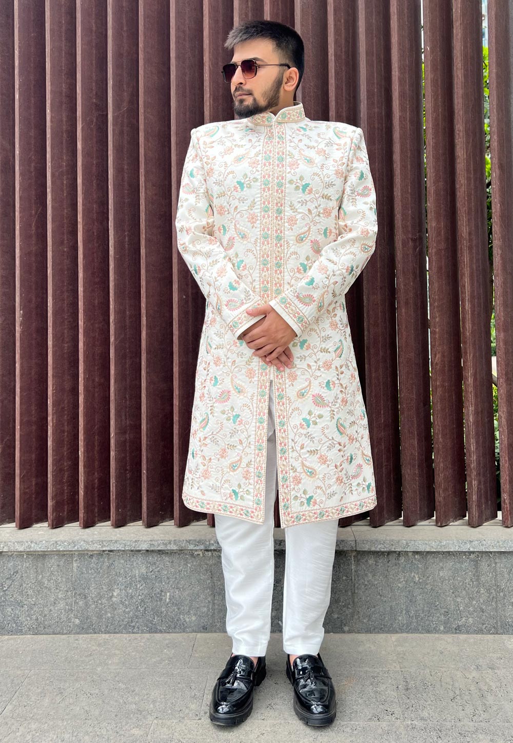 Off White Silk Achkan Style Sherwani 262380