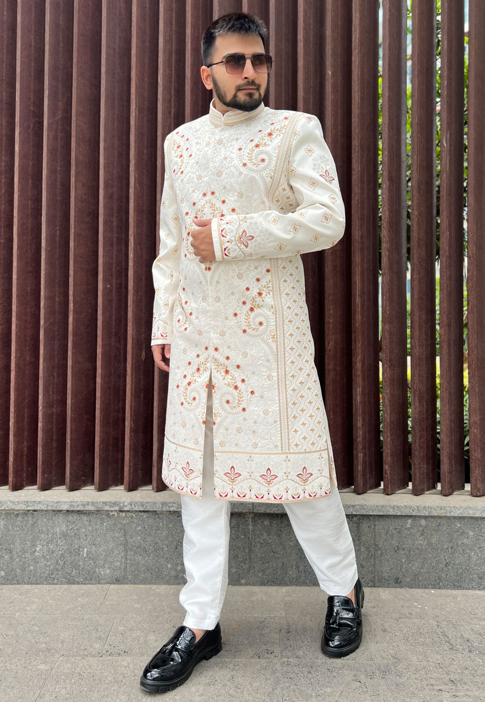 Off White Silk Achkan Style Sherwani 262382