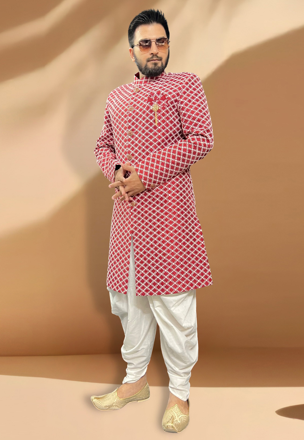 Red Silk Dhoti Sherwani 266152