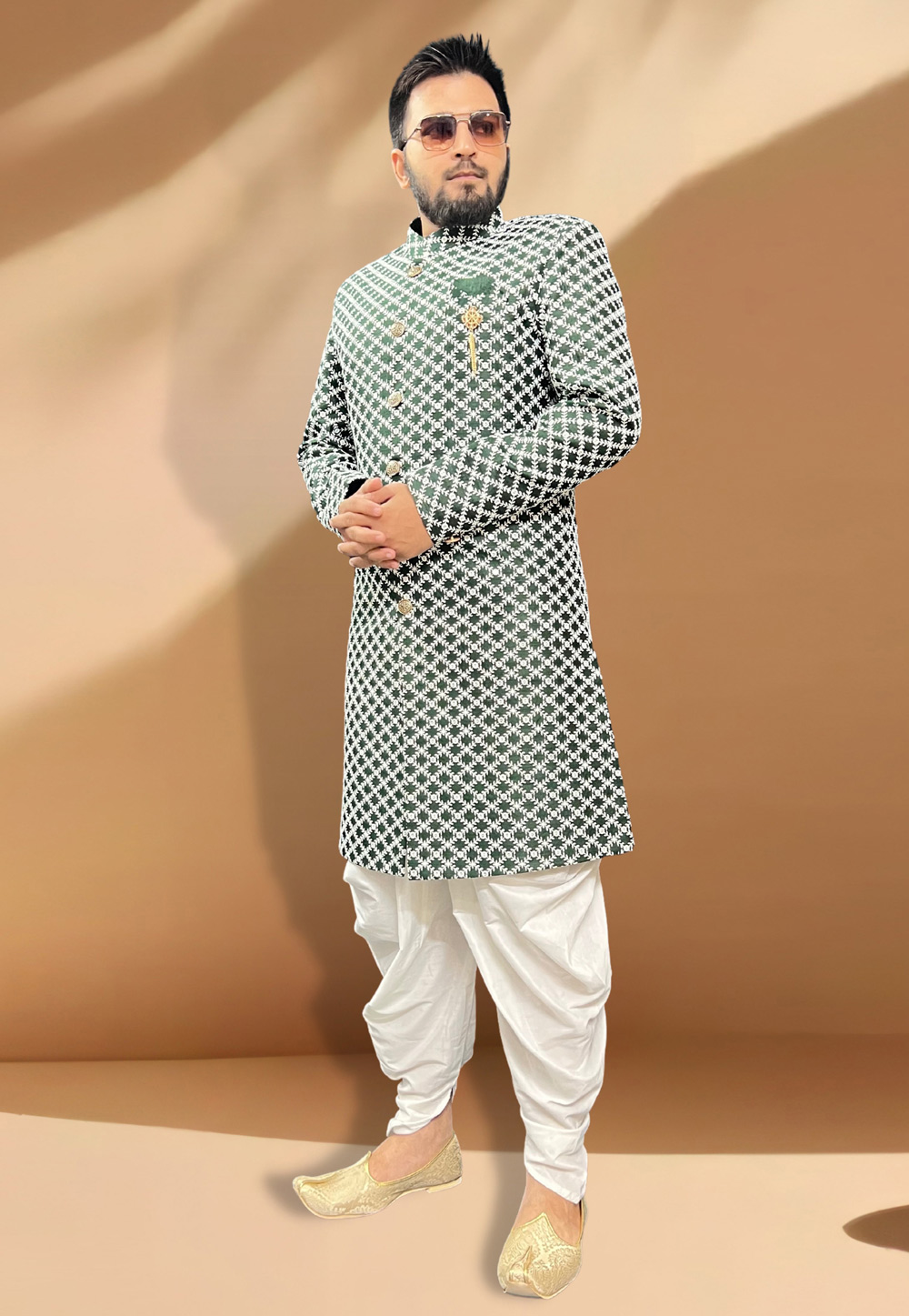 Green Silk Dhoti Sherwani 266153