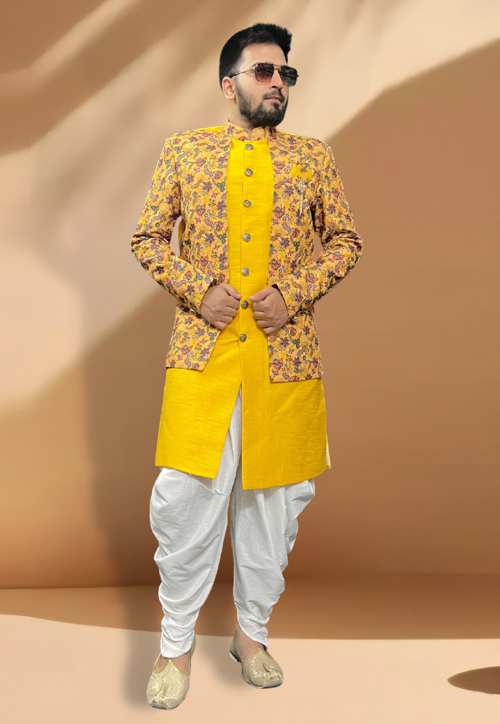 Yellow Silk Dhoti Sherwani With Jacket 266162
