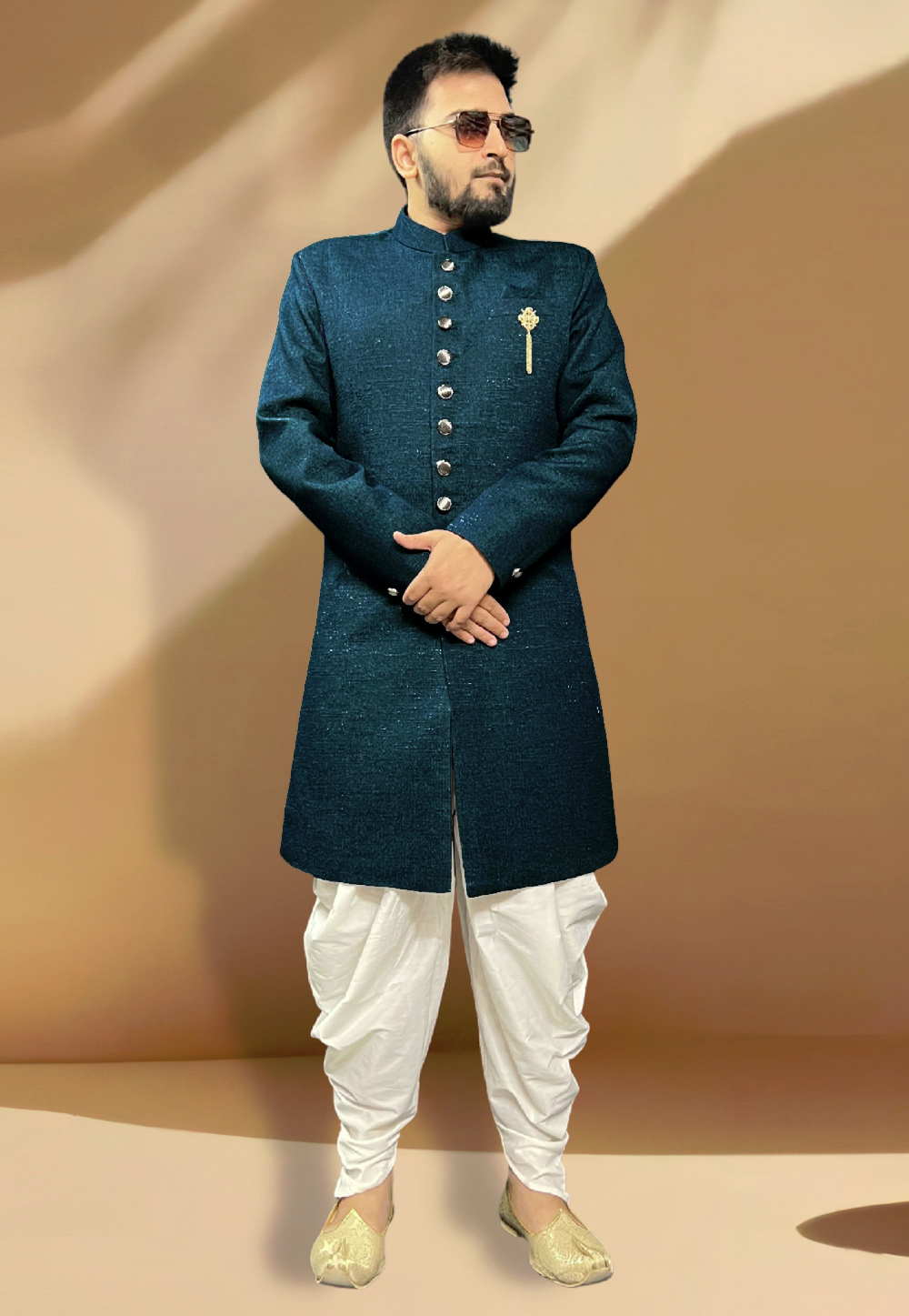 Teal Jacquard Dhoti Sherwani 266163