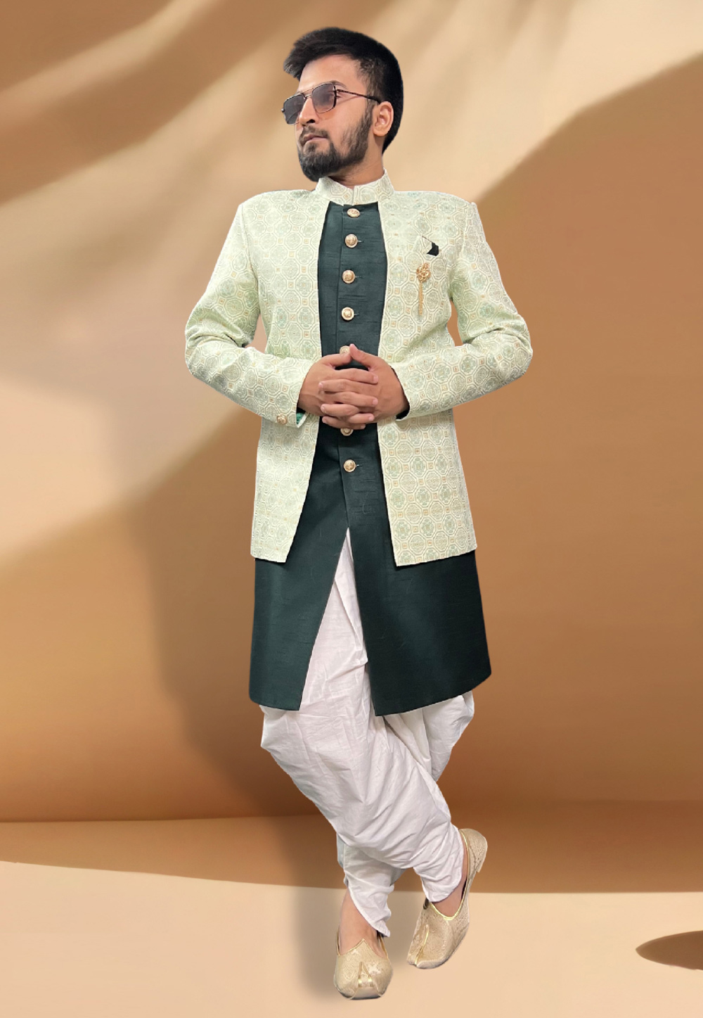 Green Silk Dhoti Sherwani With Jacket 266165