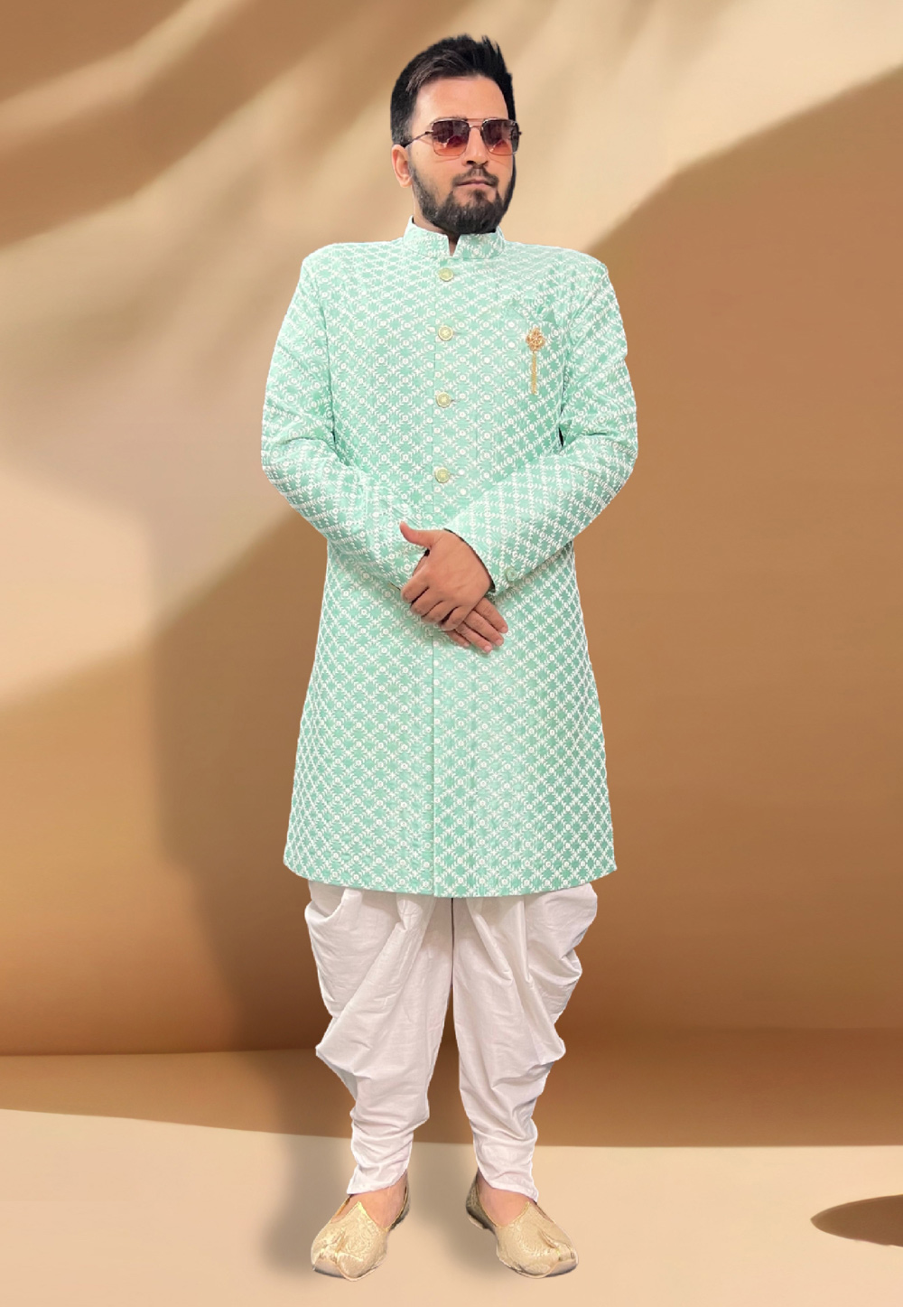 Sea Green Silk Dhoti Sherwani 266170