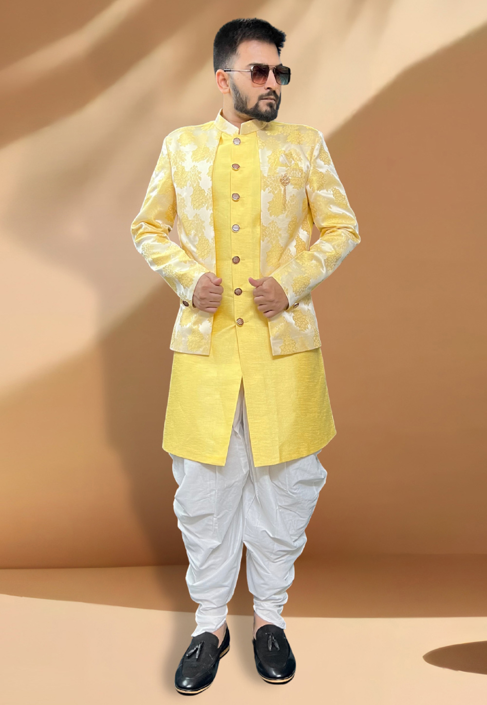 Yellow Silk Dhoti Sherwani With Jacket 266176