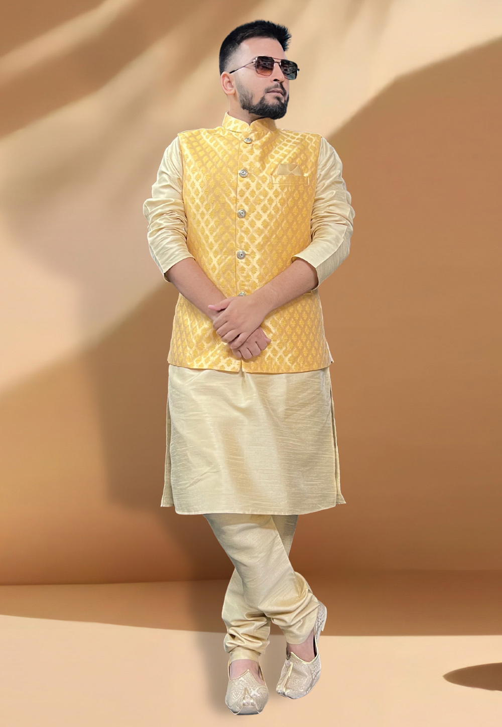 Buy Men's Silk Blend Yellow Embroidered Kurta & Self Design Nehru Jacket  with White Churidar Set:Size-5XL at Amazon.in