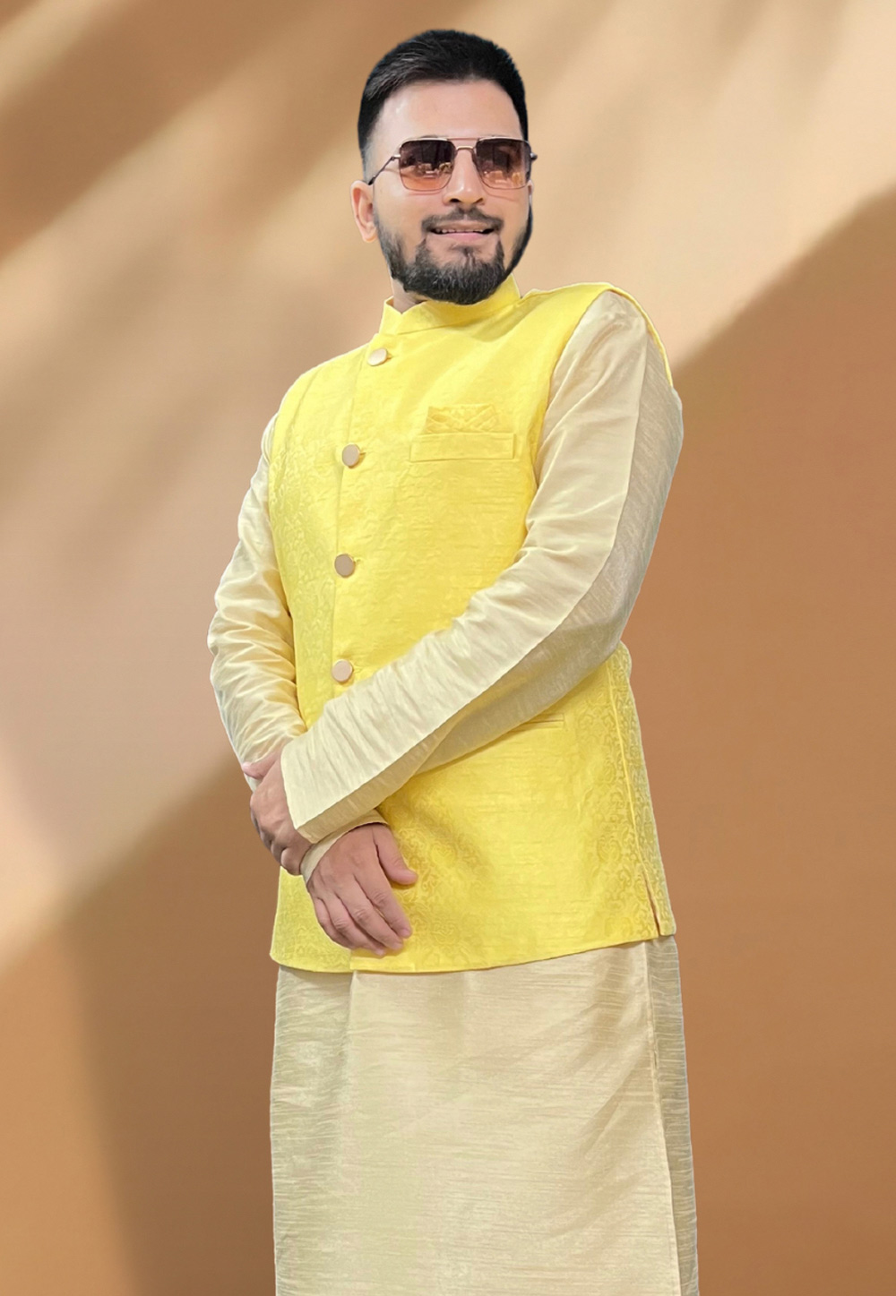 Haldi Yellow Lehariya Kurta Pajama paired with Bandhej print Jacket Set in  pure cotton (Sibling set) – kottonglitters