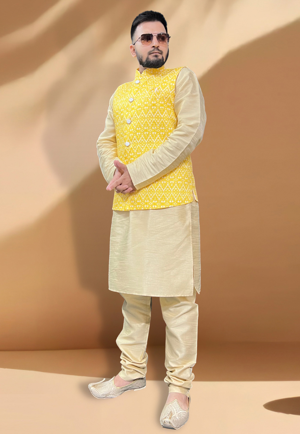 Yellow Silk Kurta Pajama With Jacket 267417