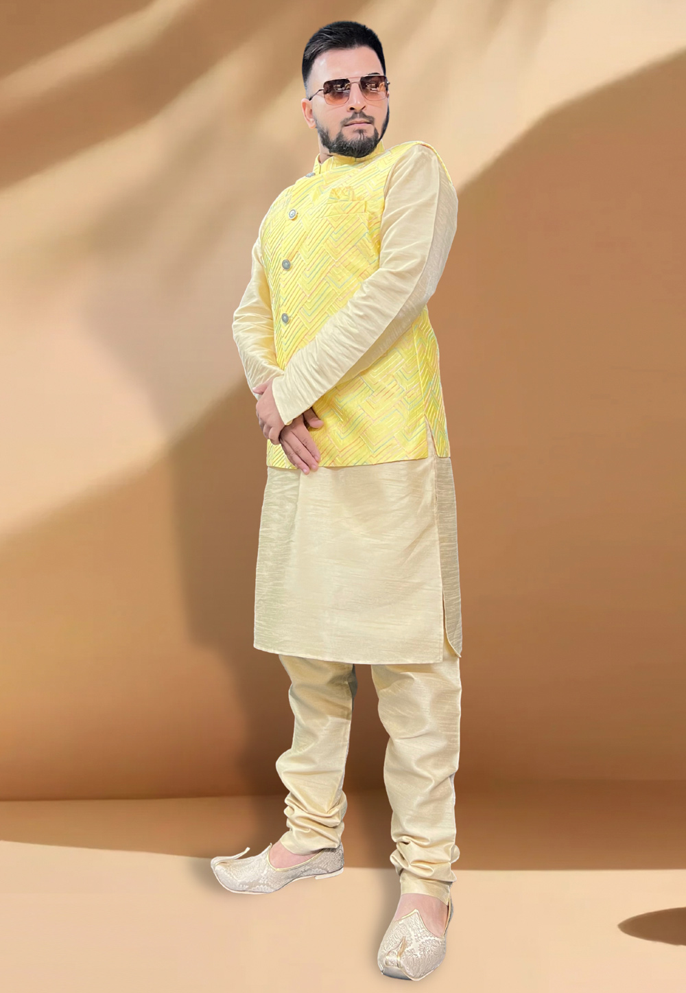 Yellow Silk Kurta Pajama With Jacket 267418