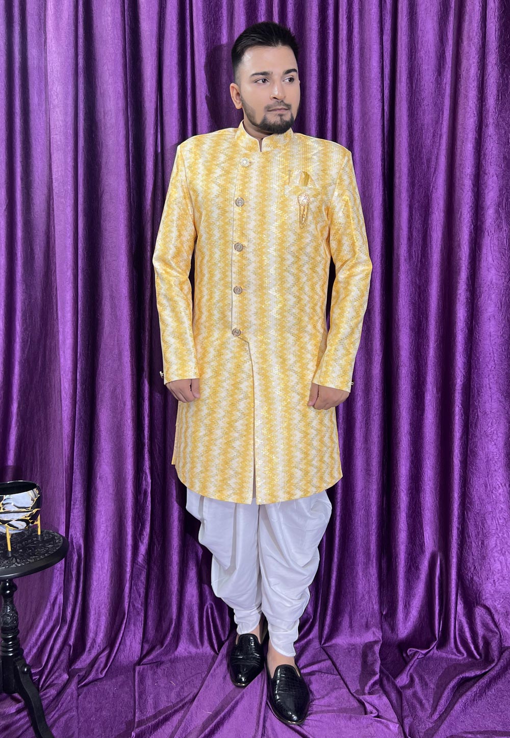 Yellow Cotton Dhoti Sherwani 271508
