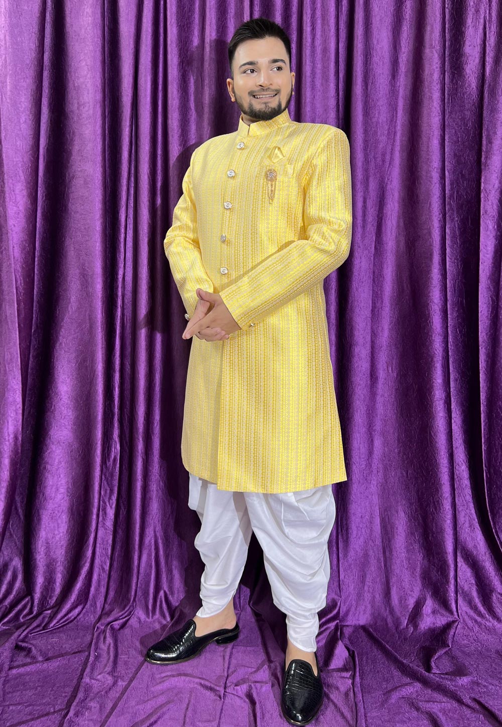 Yellow Jacquard Dhoti Sherwani 271528