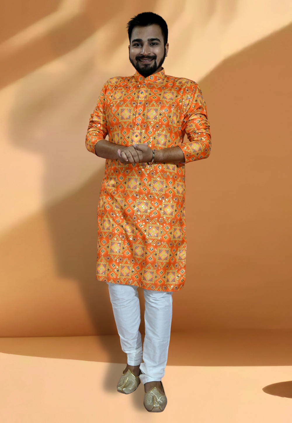 Orange Cotton Printed Kurta Pajama 275668