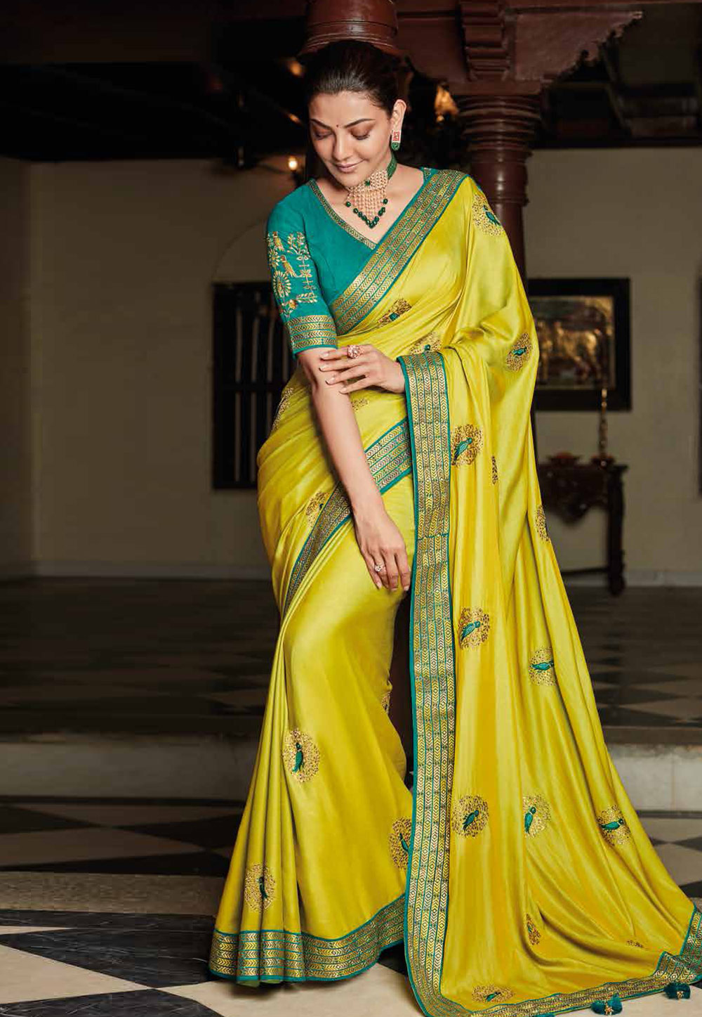 Kajal Aggarwal Yellow Silk Festival Wear Saree 214737