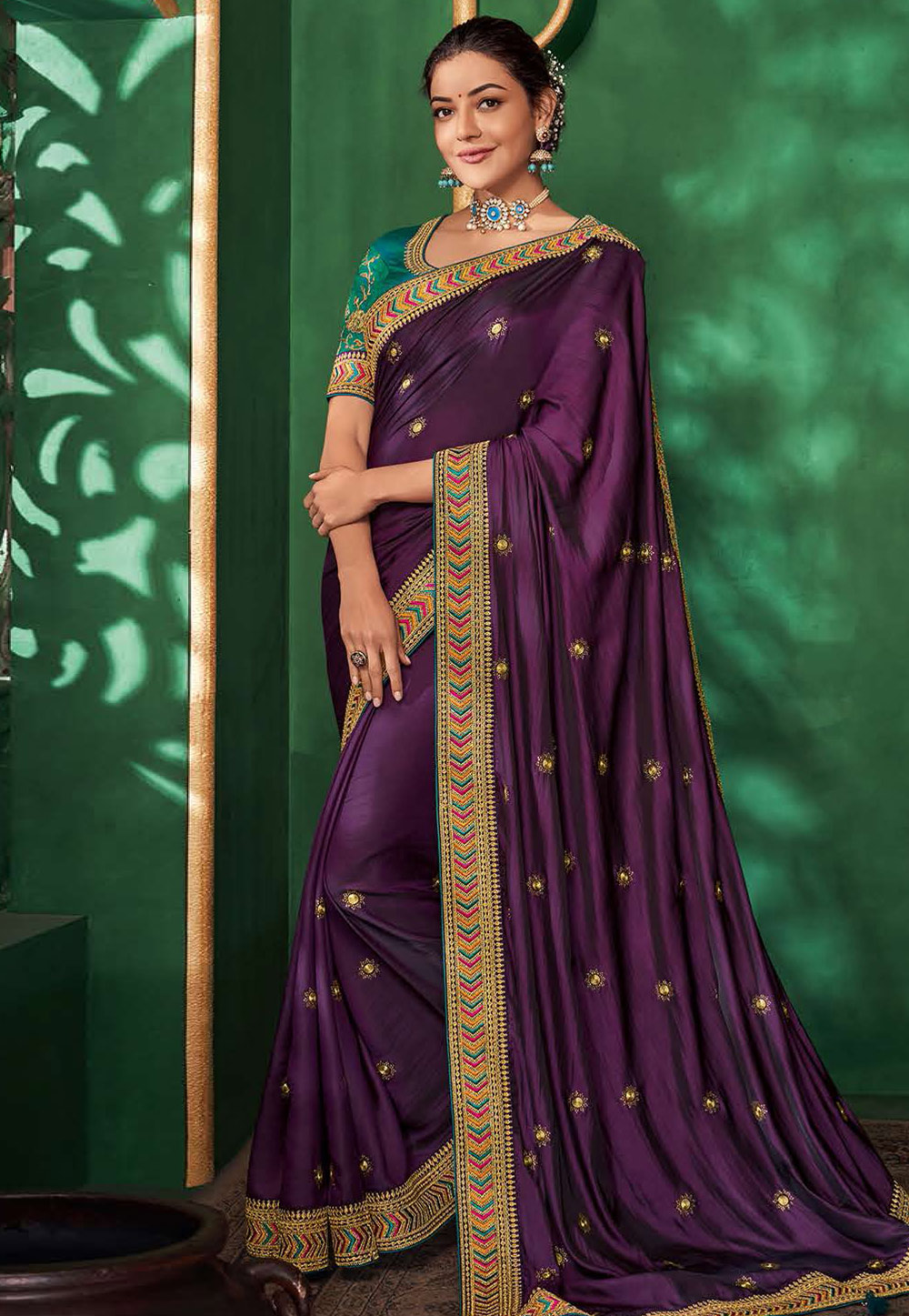 Kajal Aggarwal Purple Art Silk Party Wear Saree 216194