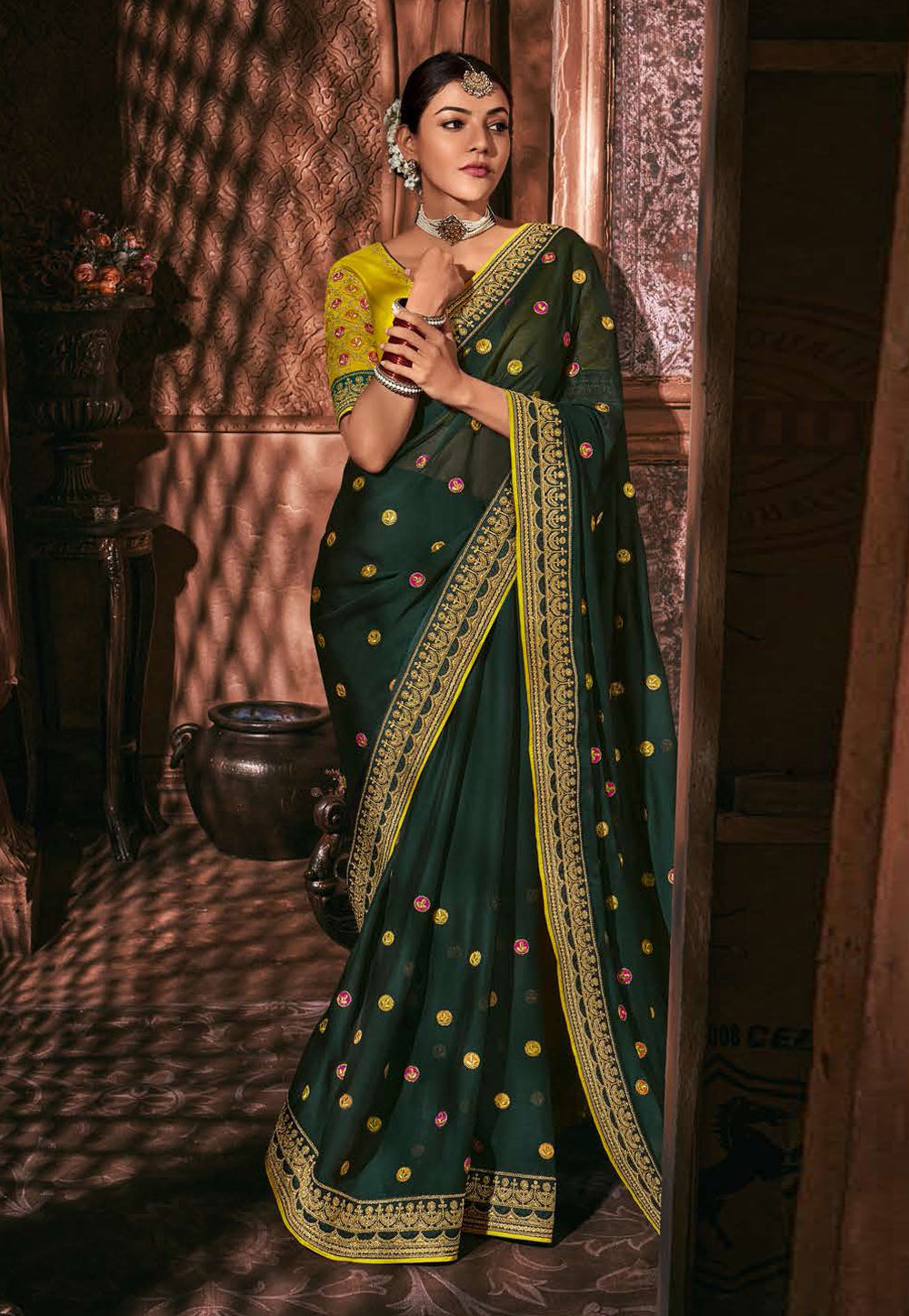 Kajal Aggarwal Dark Green Silk Bollywood Saree 220947