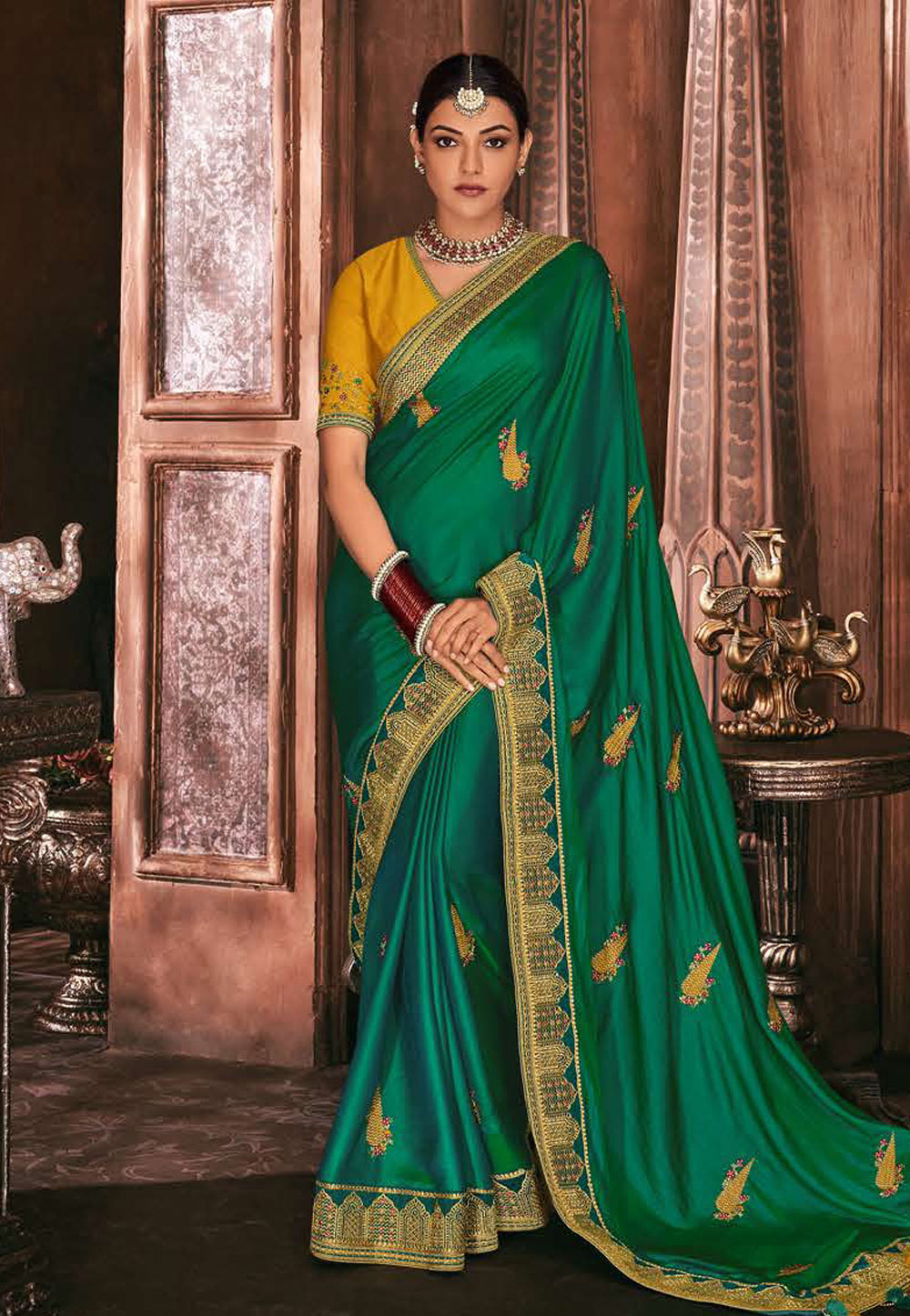 Kajal Aggarwal Green Silk Party Wear Saree 220953