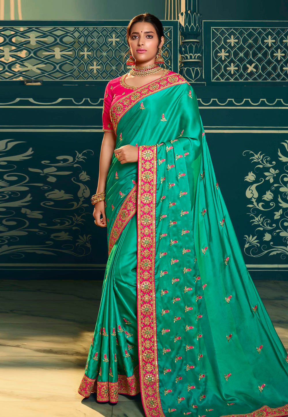 Turquoise Silk Saree With Blouse 211759