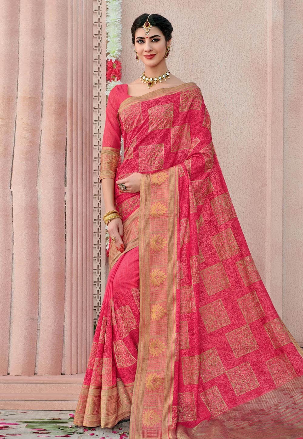 Pink Cotton Embroidered Festival Wear Saree 198271