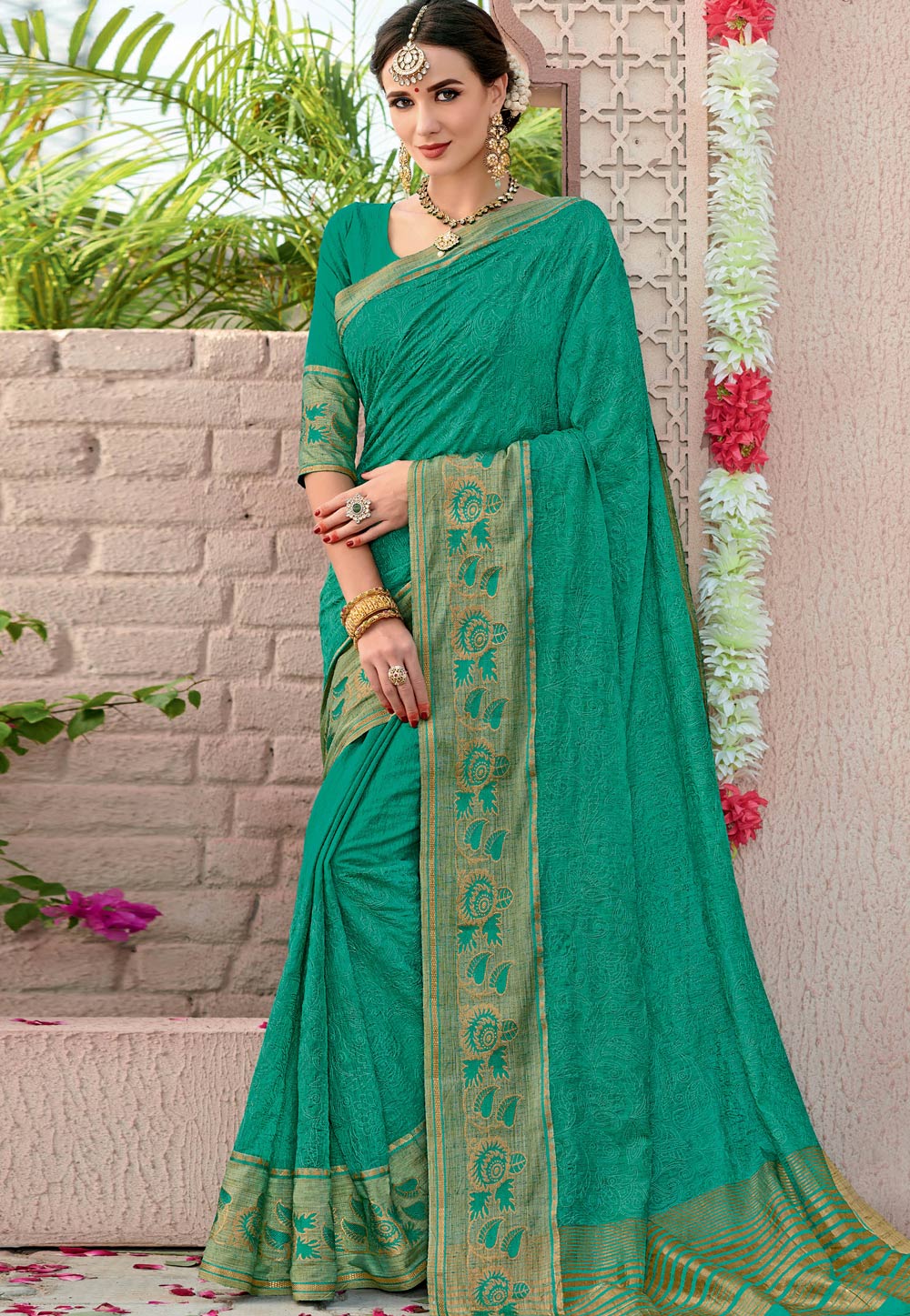 Turquoise Cotton Embroidered Festival Wear Saree 198277