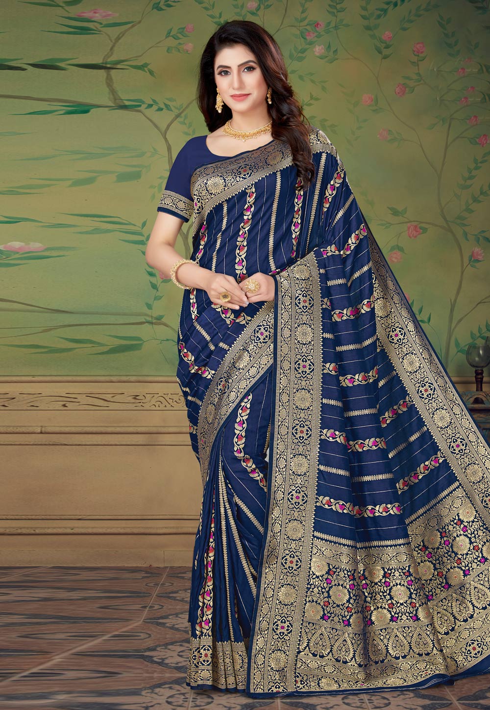 Navy Blue Art Silk Saree With Blouse 244667