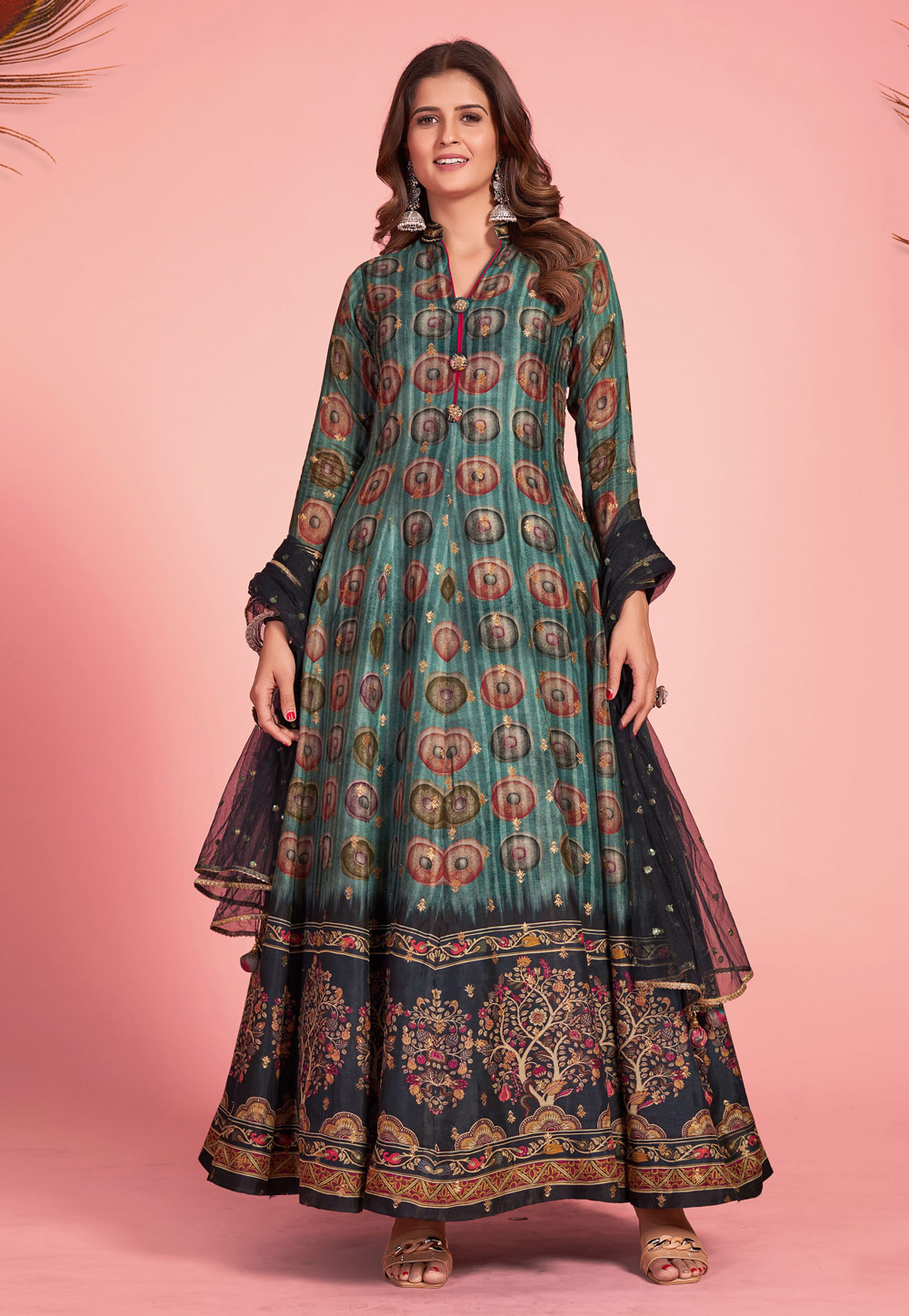 Green Silk Readymade Printed Gown 259517