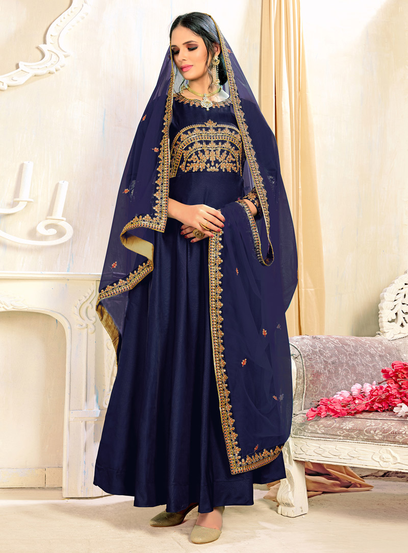 Blue Satin Ankle Length Anarkali Suit 138516