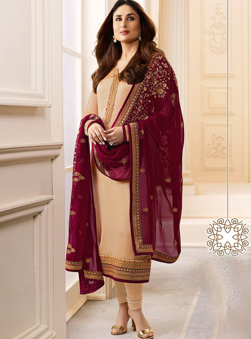 Kareena Kapoor Peach Georgette Churidar Salwar Suit 114079
