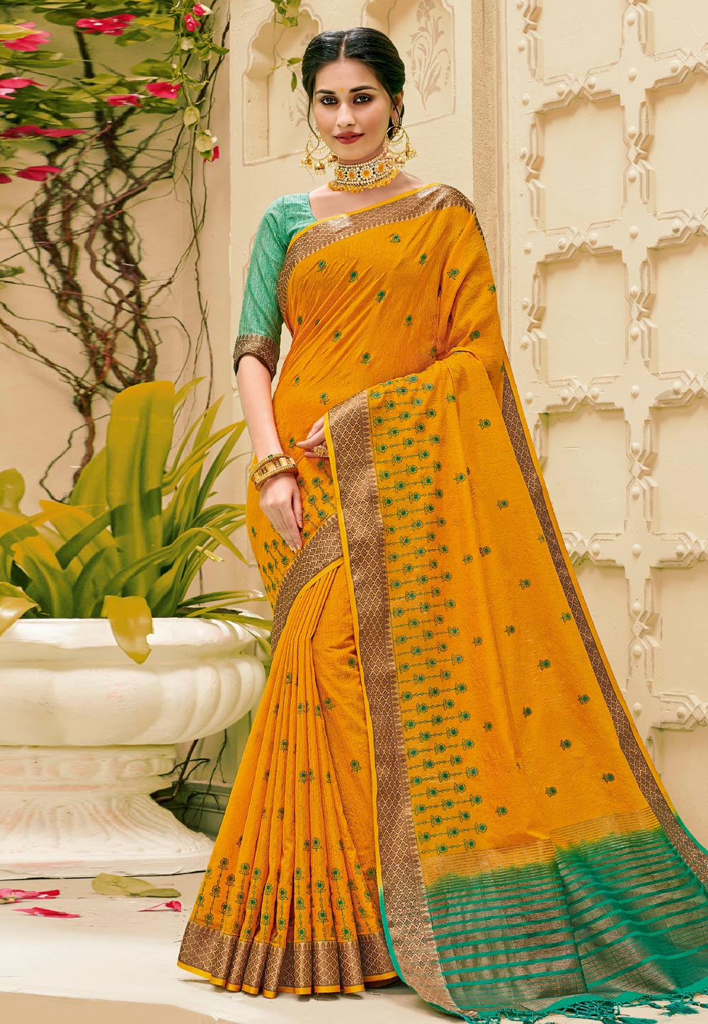 Yellow Silk Embroidered Festival Wear Saree 198259