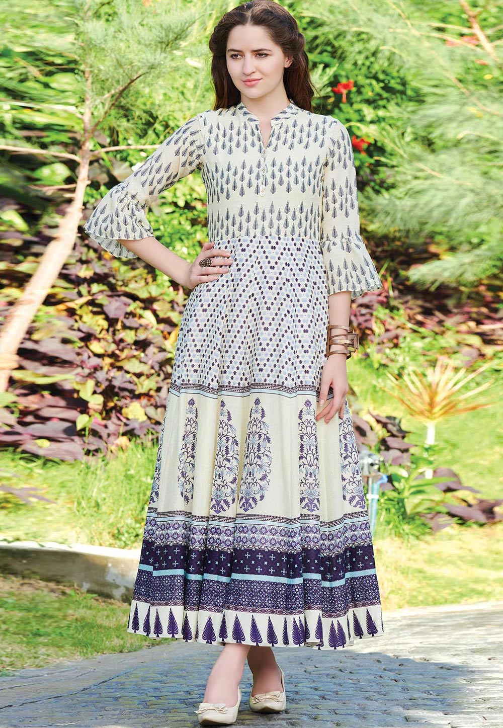 Cream Muslin Readymade Printed Gown 164547