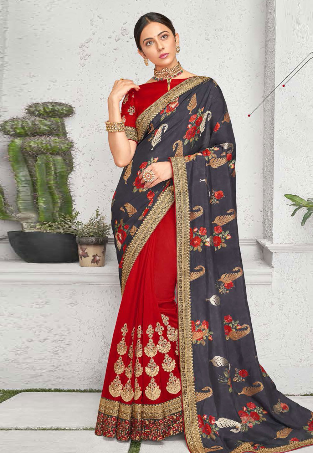 Rakul Preet Singh Grey Art Silk Half and Half Saree 214702