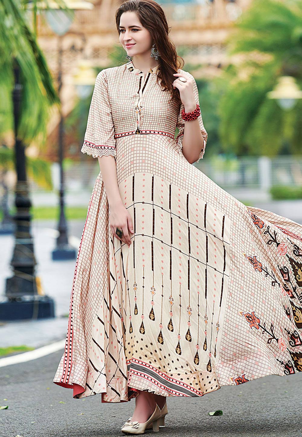 Beige Cotton Readymade Printed Gown 155332