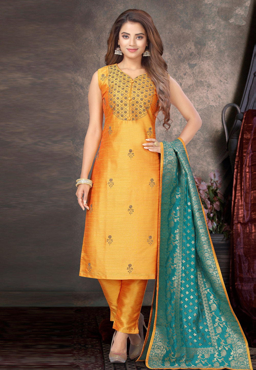 Yellow Raw Silk Readymade Pant Style Suit 213254