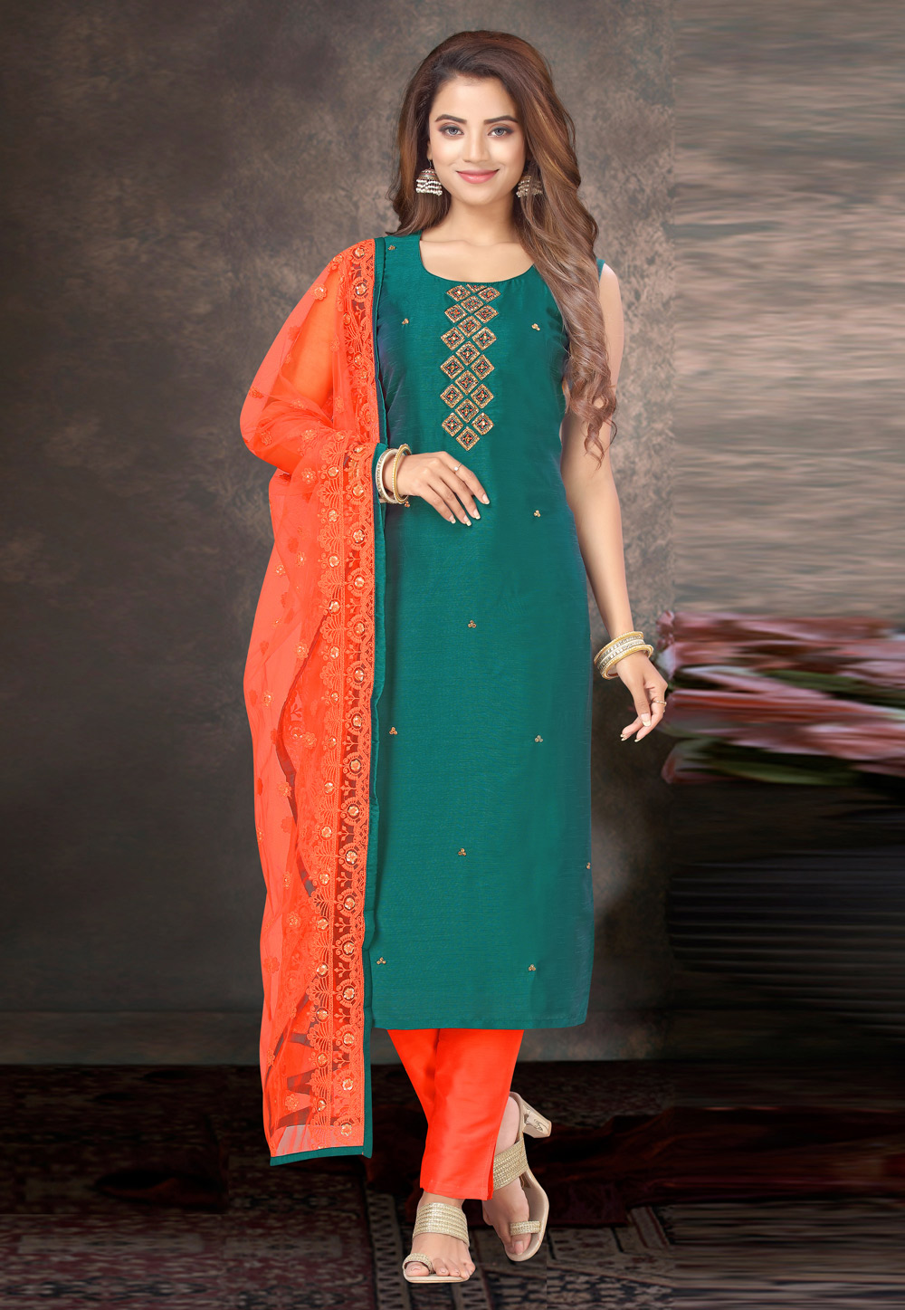 Teal Silk Readymade Pant Style Suit 213256