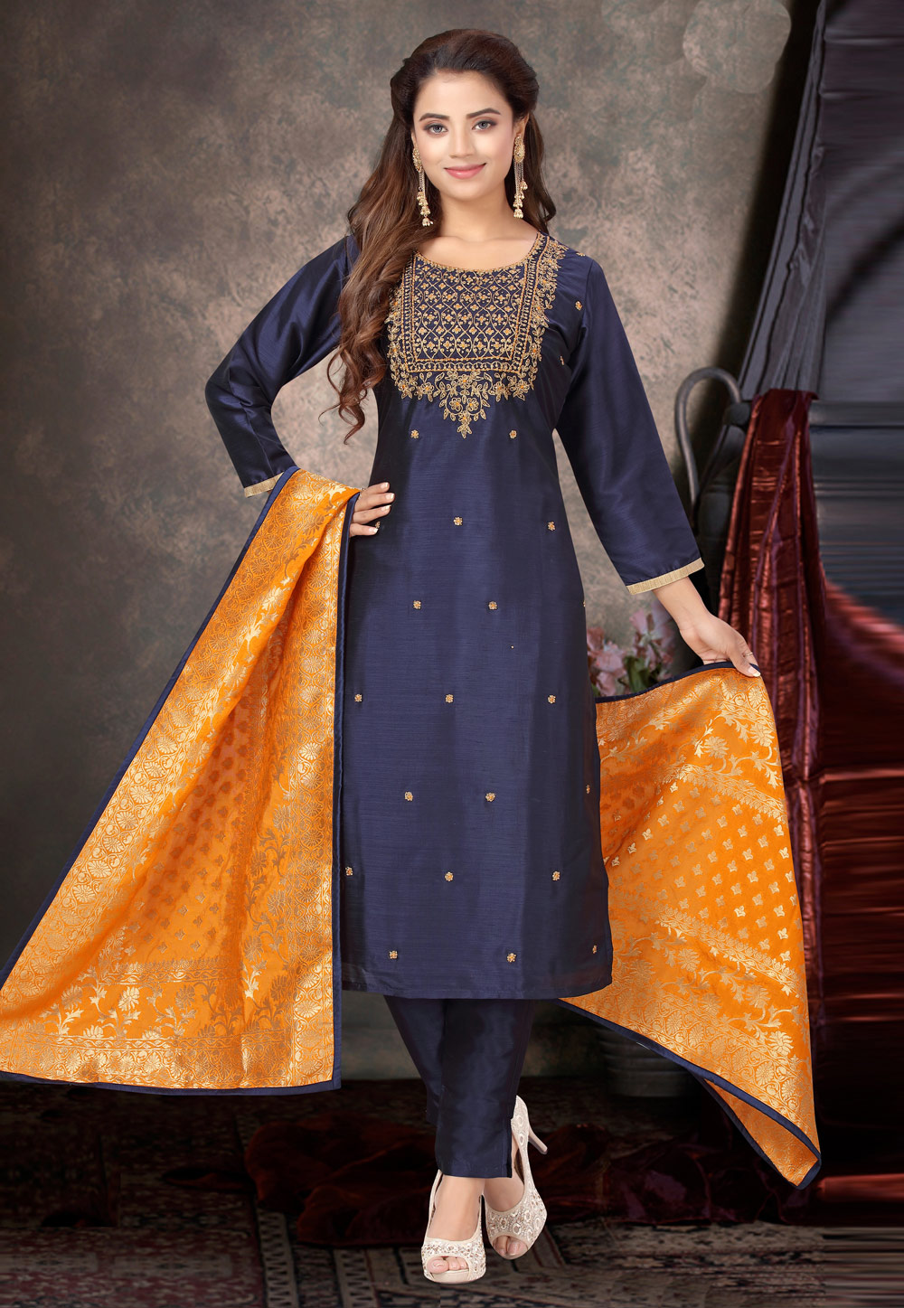 Navy Blue Silk Readymade Kameez With Pant 213257