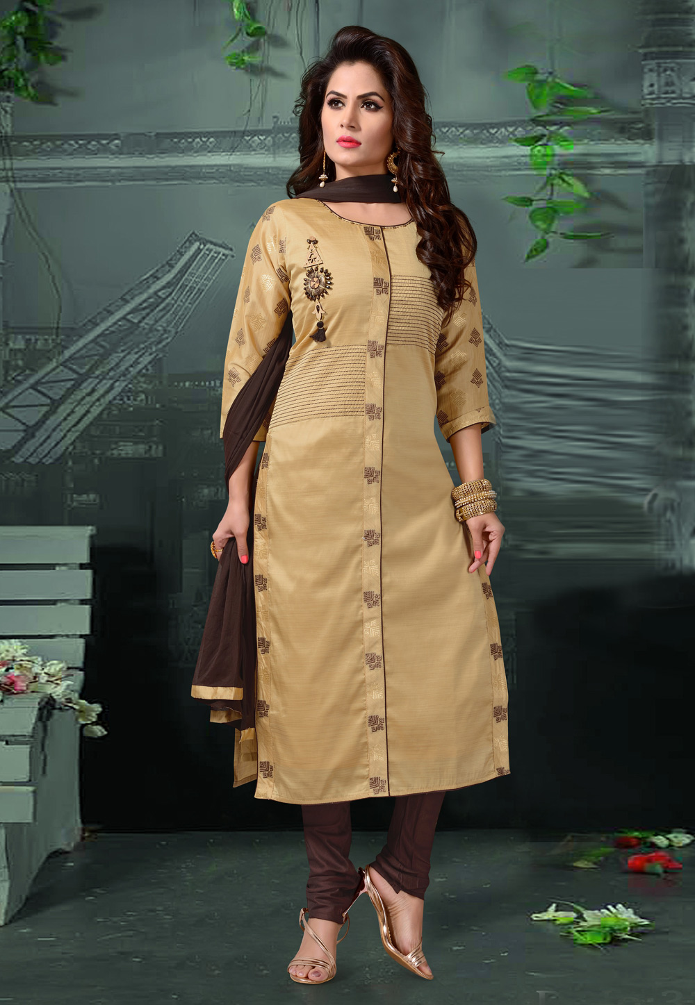 Beige Chanderi Cotton Readymade Churidar Suit 205742