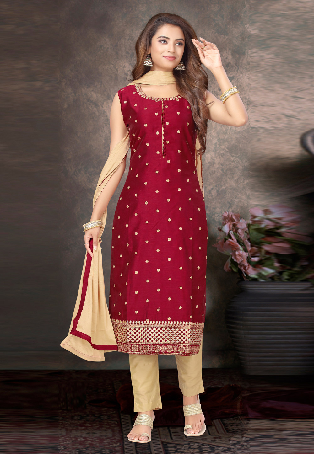 Maroon Chanderi Readymade Pant Style Suit 213246