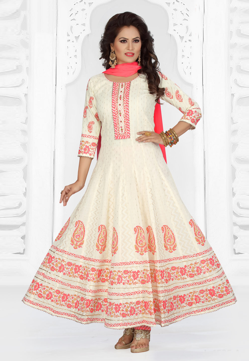 Off White Chanderi Silk Readymade Ankle Length Anarkali Suit 217597