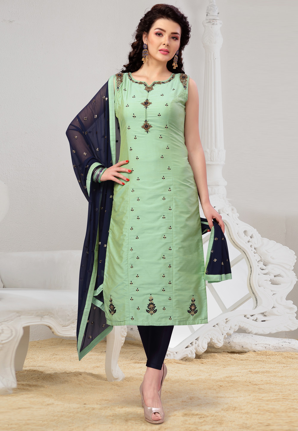 Pista Green Chanderi Readymade Pant Style Suit 199430