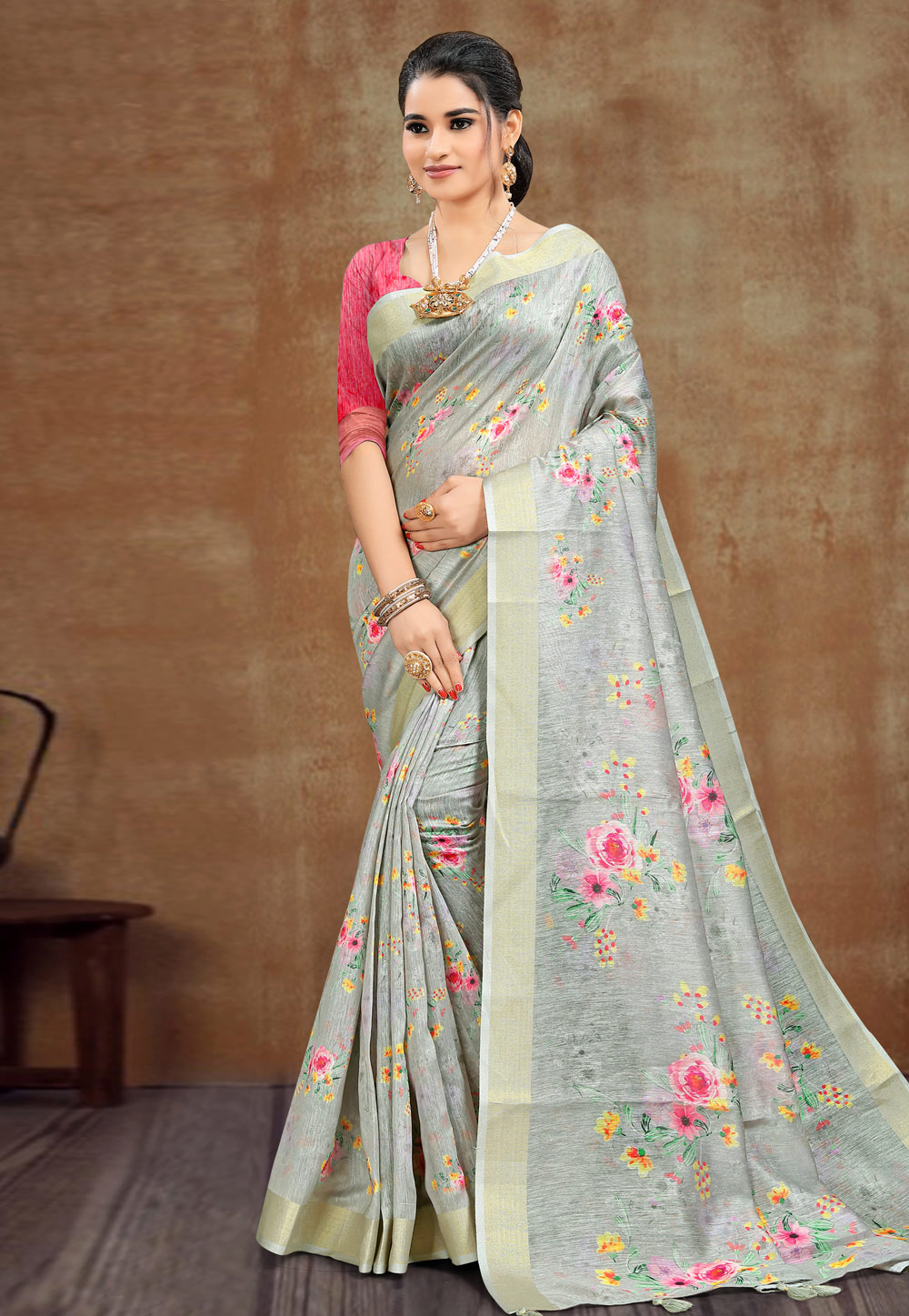 Grey Linen Printed Saree With Blouse 228238