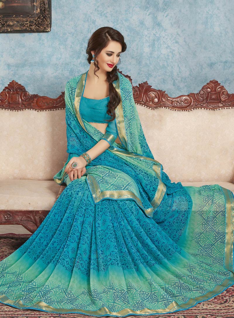 Blue Georgette Printed Saree With Blouse 87130
