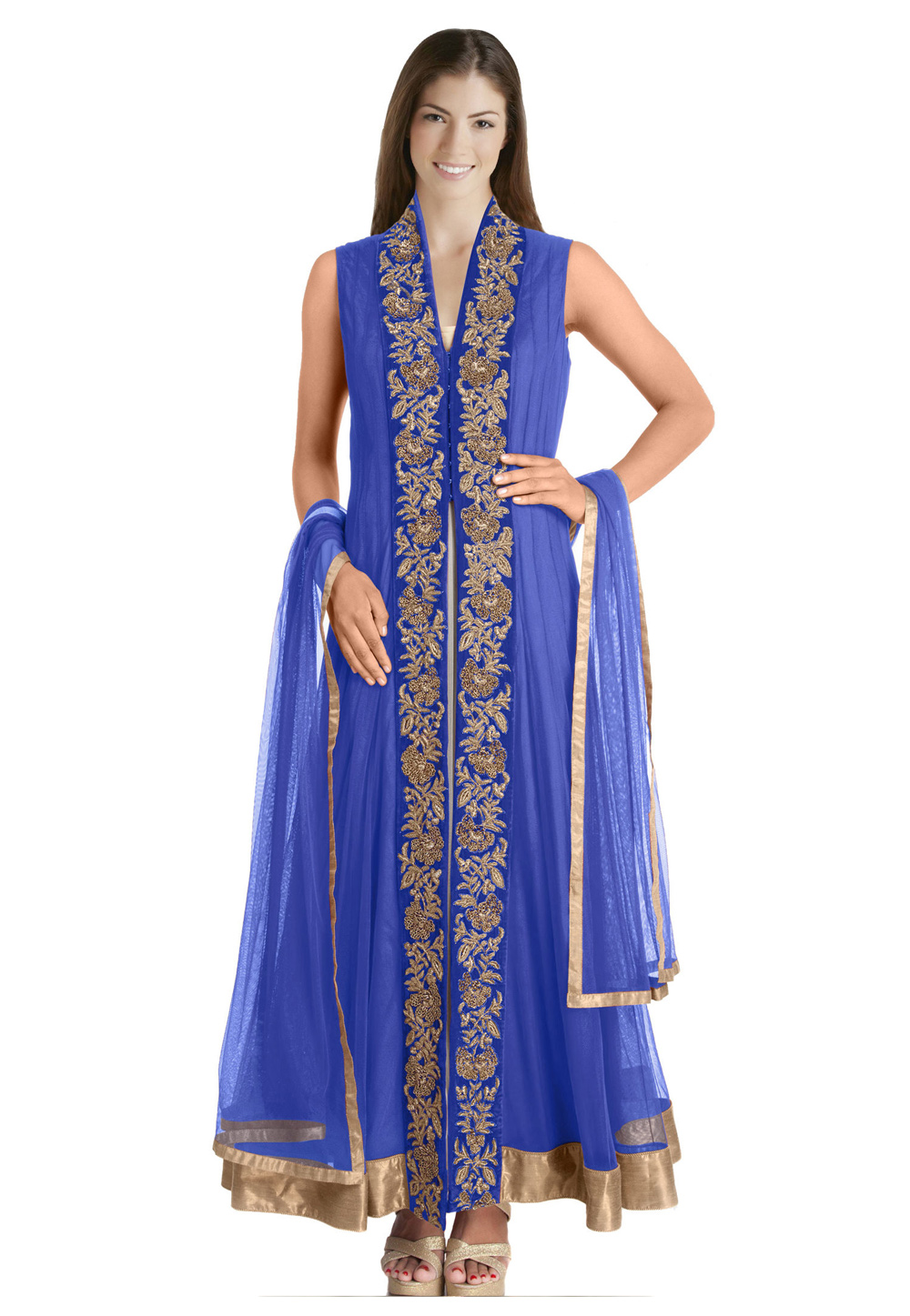 Blue Chiffon Readymade Abaya Style Anarkali Suit 205574