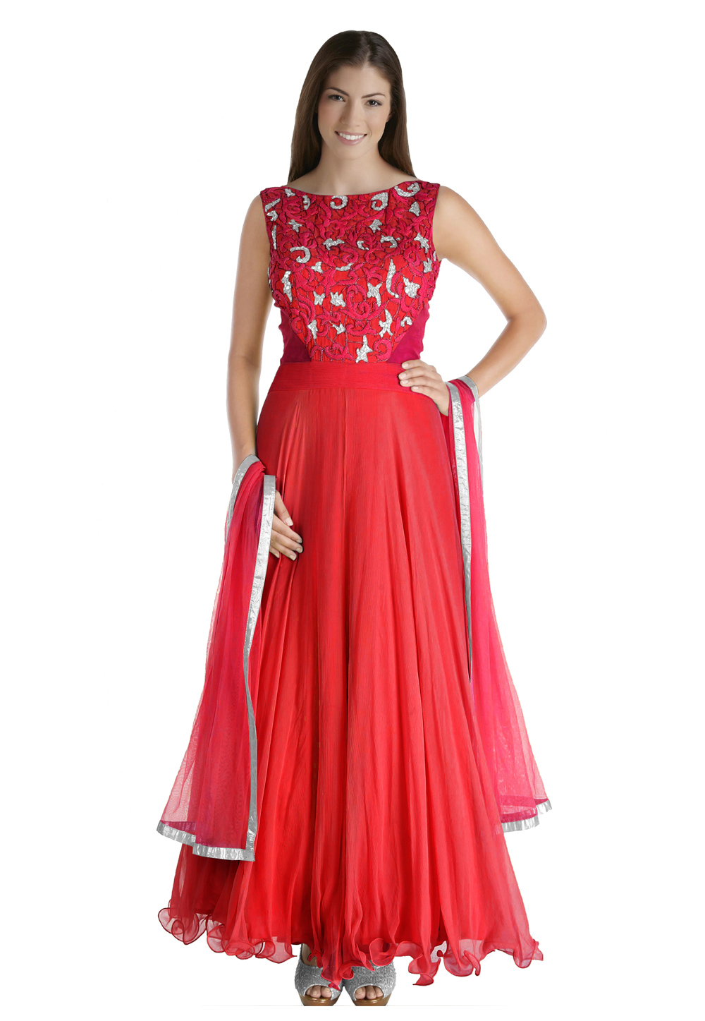 Red Chiffon Readymade Ankle Length Anarkali Suit 205575