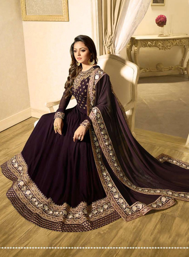 Drashti Dhami Purple Faux Georgette Long Anarkali Suit 131385