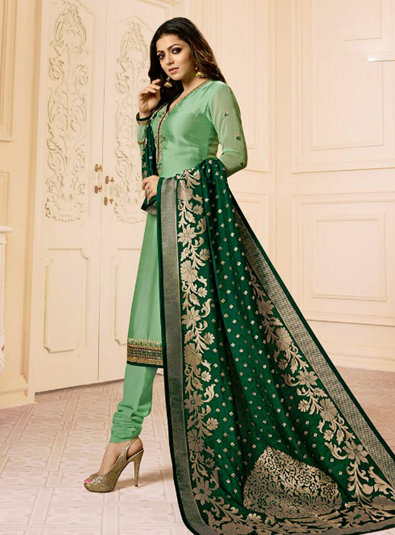 Drashti Dhami Green Satin Georgette Churidar Suit 137093