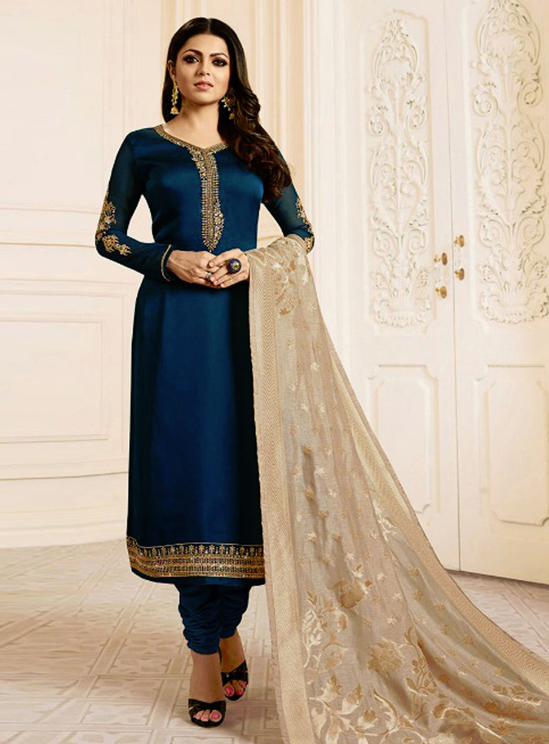 Drashti Dhami Blue Satin Georgette Churidar Suit 137095