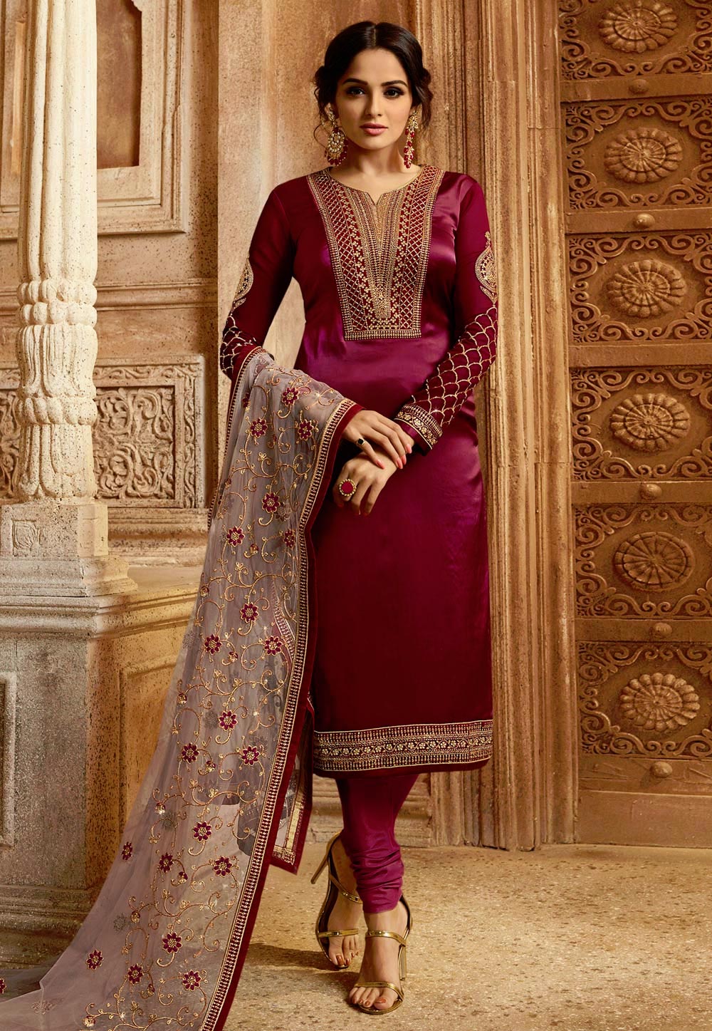 Magenta Satin Embroidered Churidar Suit 166021