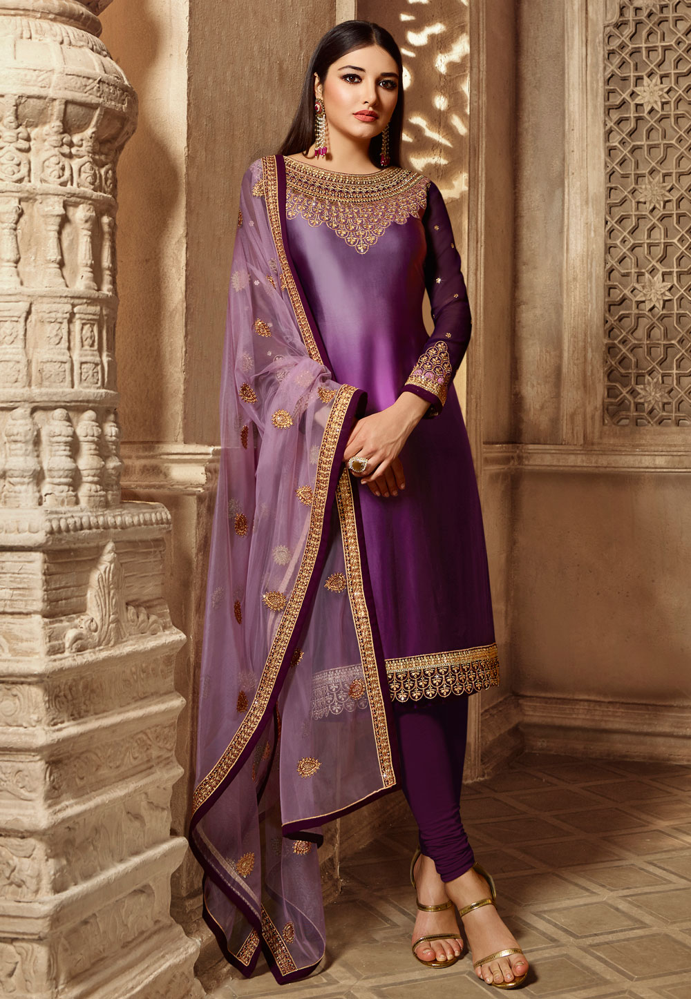 Purple Satin Embroidered Churidar Suit 172198
