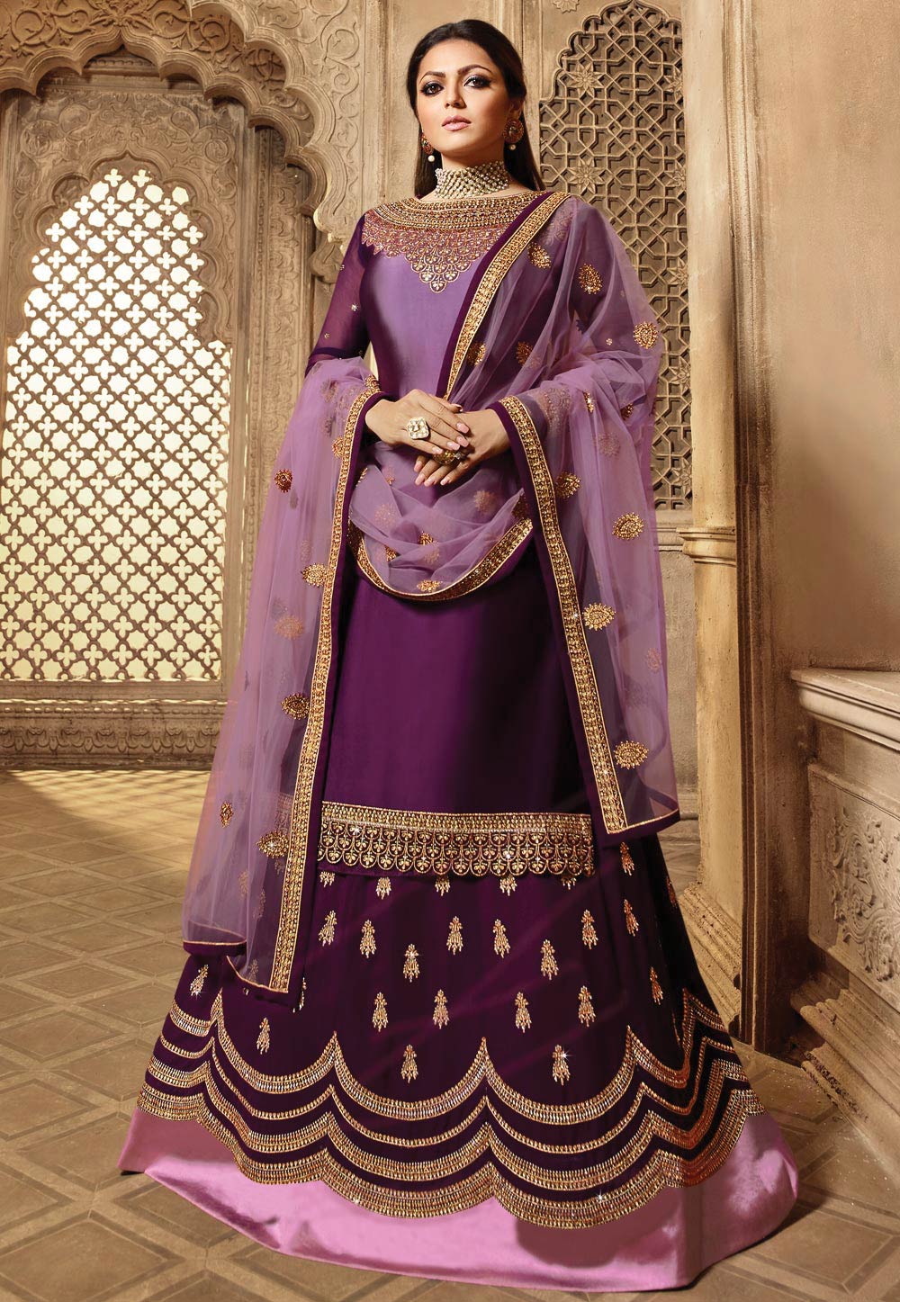 Drashti Dhami Purple Georgette Embroidered Bollywood Lehenga 172197