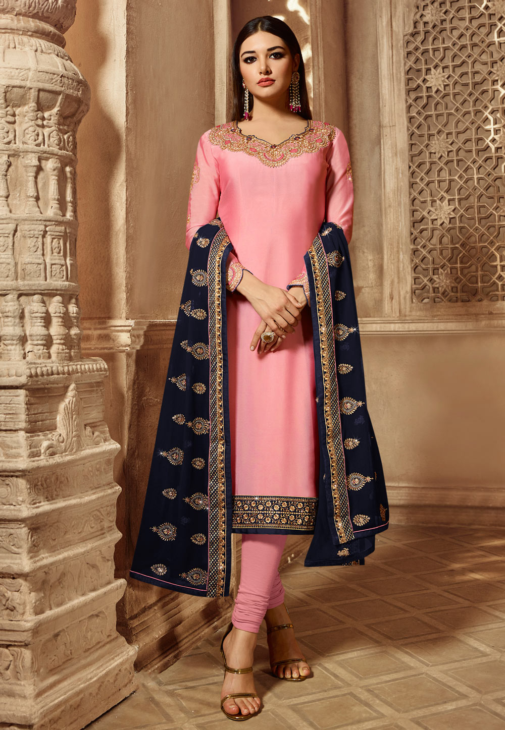 Pink Satin Embroidered Churidar Suit 172202