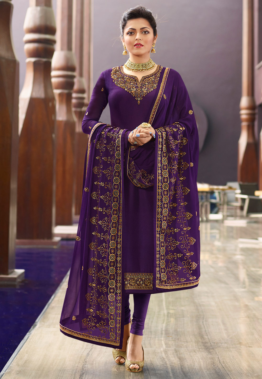 Drashti Dhami Purple Satin Embroidered Churidar Suit 179901